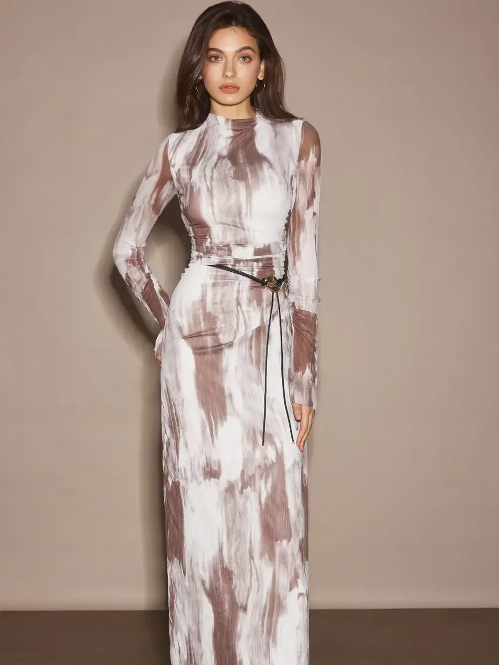 Tye Dye Printed Mesh Dress Without Belt