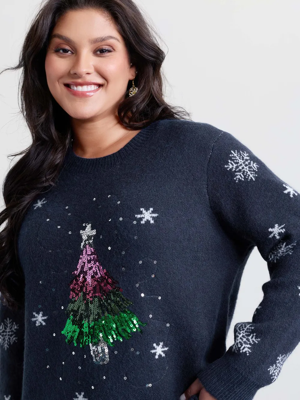 Stretchy Holiday Tree Sequin Embroidery Pullover