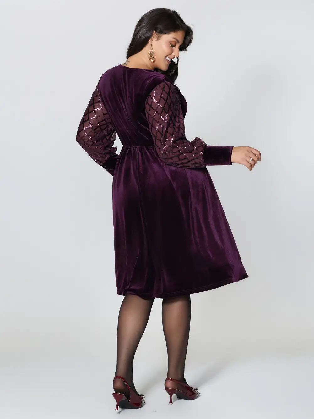 Velvet Sequin Sheer Sleeve Midi Dress