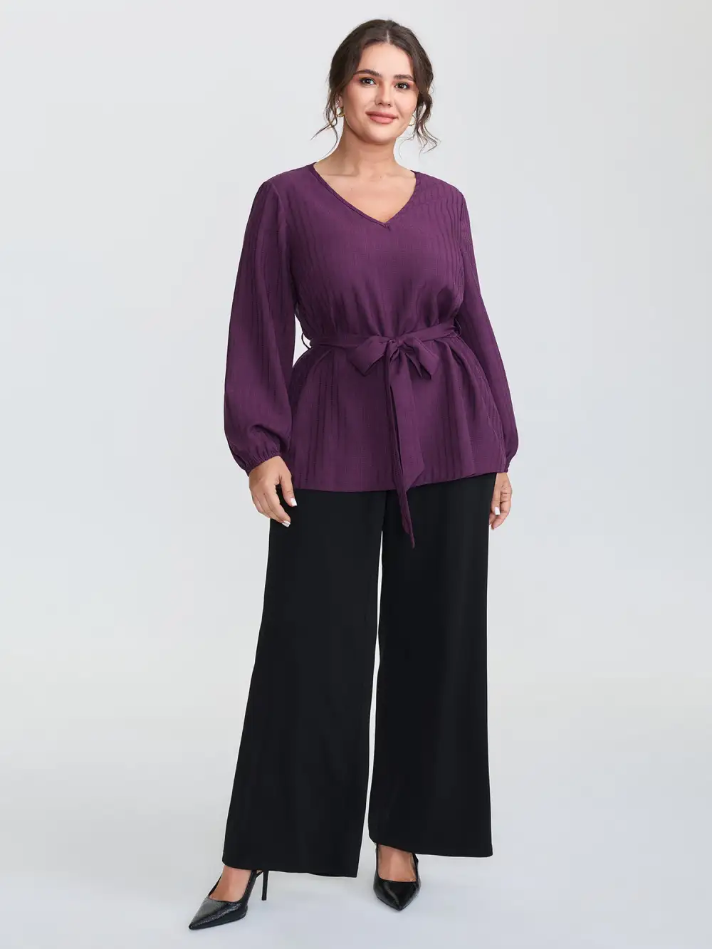 Textured Waist-Tie V-Neck Blouse