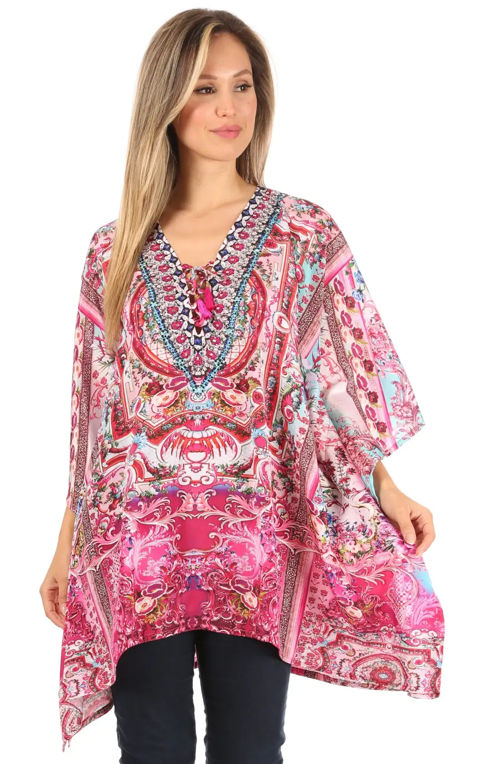 Women's Caftan Poncho Cover up V neck Top Lace up With Rhinestone