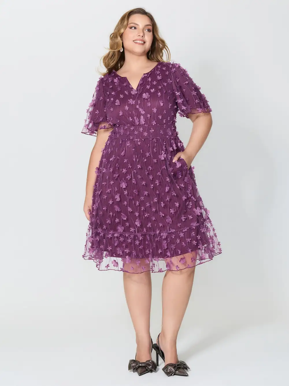 3D Floral Mesh Notched Neckline Midi Dress