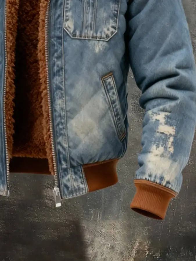 Men'S Vintage Distressed Warm Fleece Outdoor Jacket