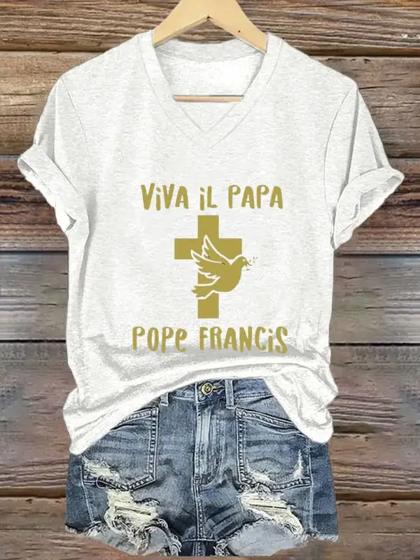 Women's Viva Il Papa 1936-2025 Print Short Sleeve V-Neck Cotton T-Shirt
