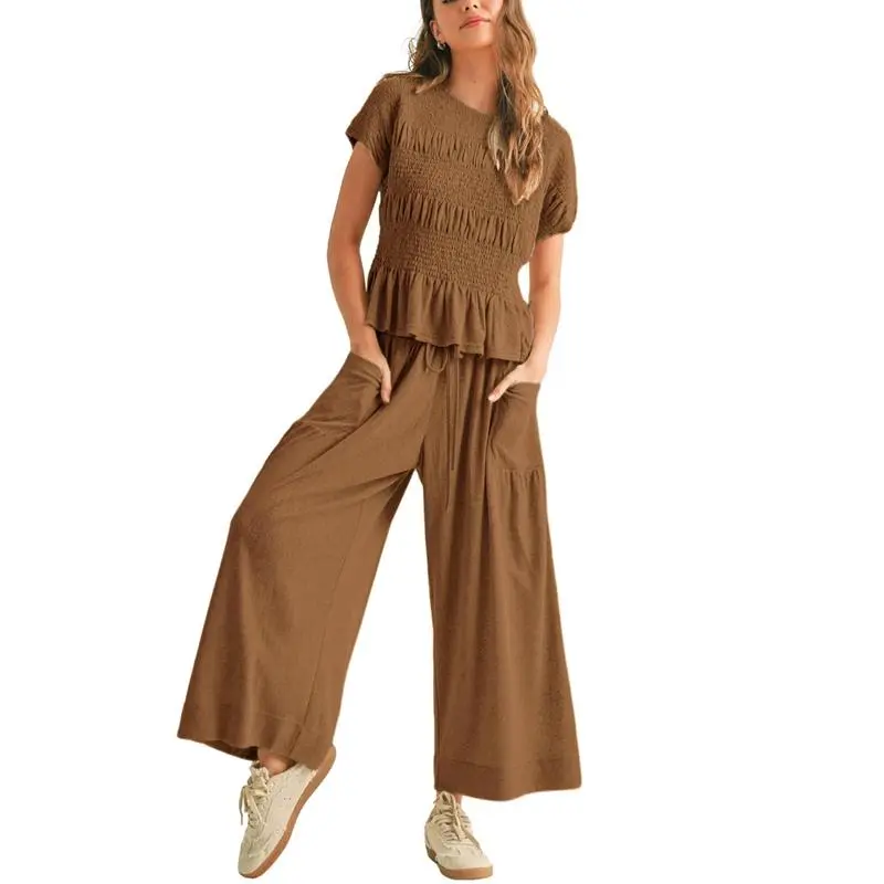 Women's 2-Piece Smocked Top & Wide-Leg Pants Lounge Set with Pockets