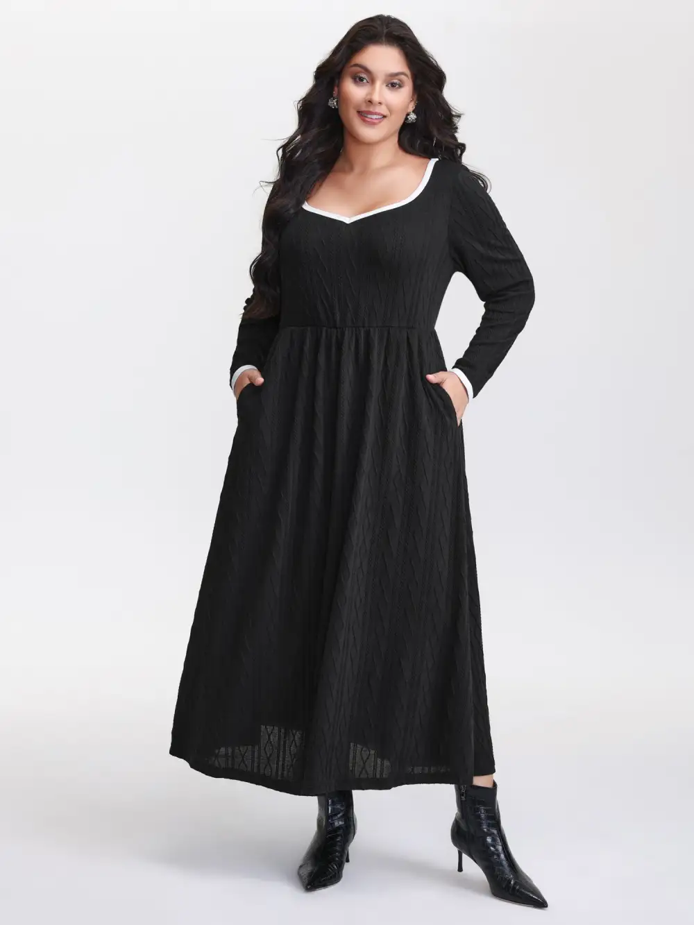 Color Contrast Pockets Knit Maxi Dress