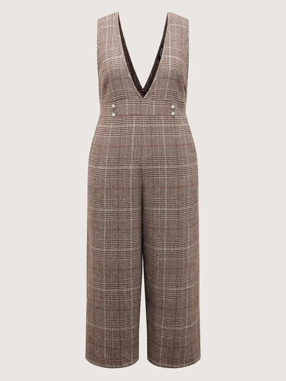 Plaid Button Detail V-Neck Jumpsuit