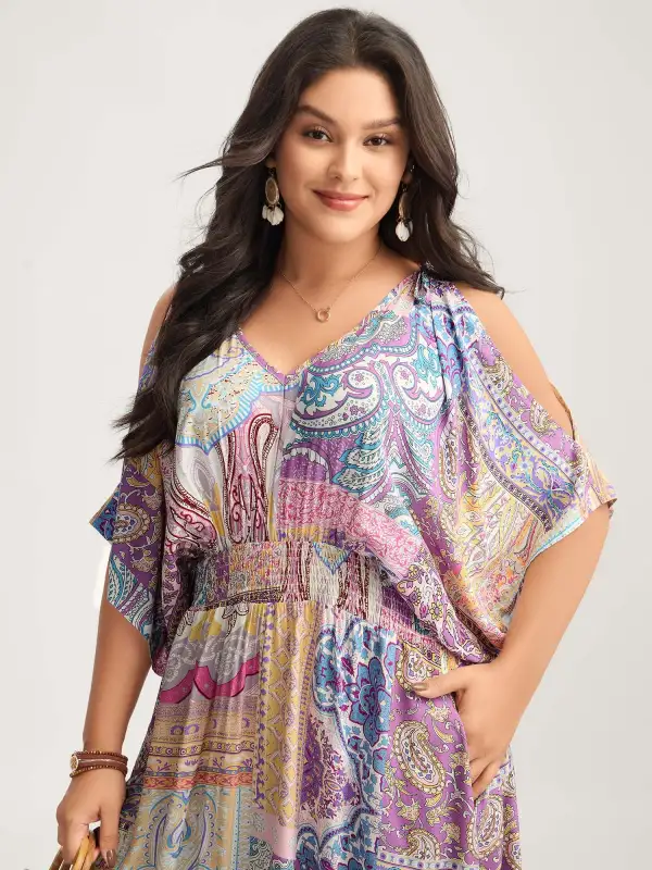 Boho Collage Off-Shoulder Maxi Dress