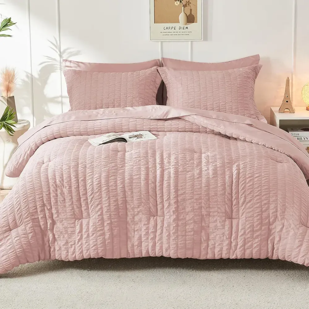 Queen Comforter Set Seersucker 7 Pieces, All Season Luxury Bed in a Bag for Bedroom, Bedding Set with Comforters, Sheets, Pillowcases & Shams, Dark Grey