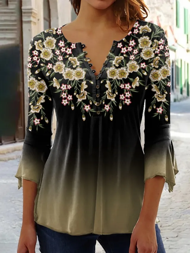 Women's Shirt Blouse Floral Yellow Pink Blue Button Print 3/4 Length Sleeve Holiday Basic Round Neck Regular Fit