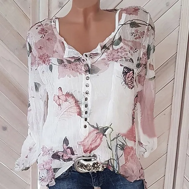 Women's Shirt Blouse Floral Button Print Daily Going out Weekend Streetwear Holiday Casual Long Sleeve Shirt Collar White Summer Spring