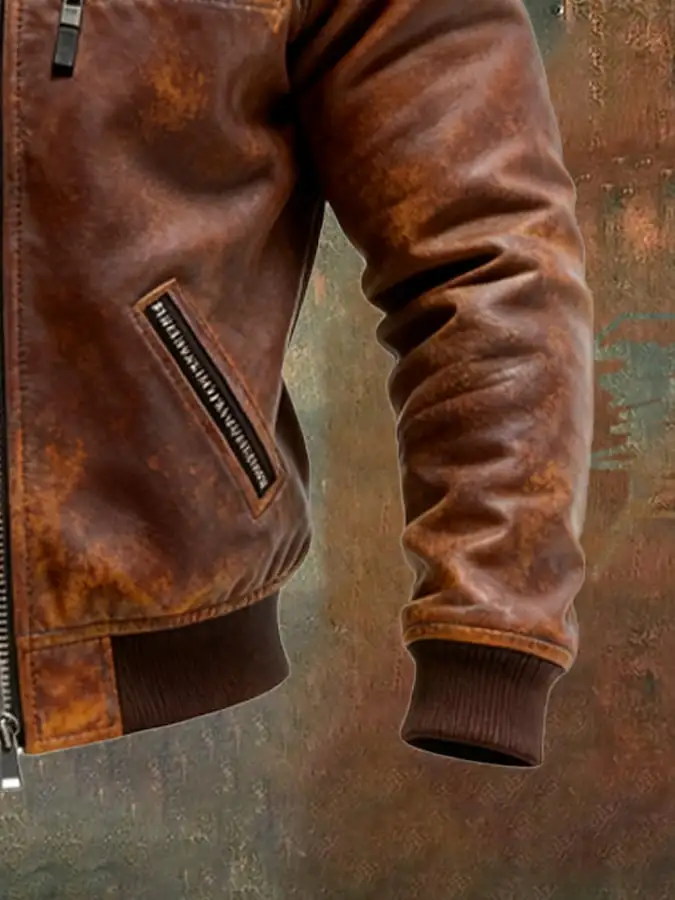 Men's Vintage Leather Patchwork Plaid Lining Multi-pocket Outdoor Jacket