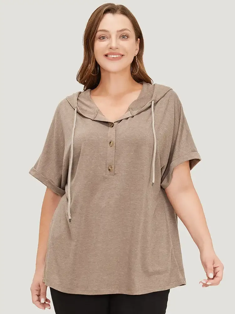 Plain Drawstring Roll Sleeve Button Up Hooded T-shirt