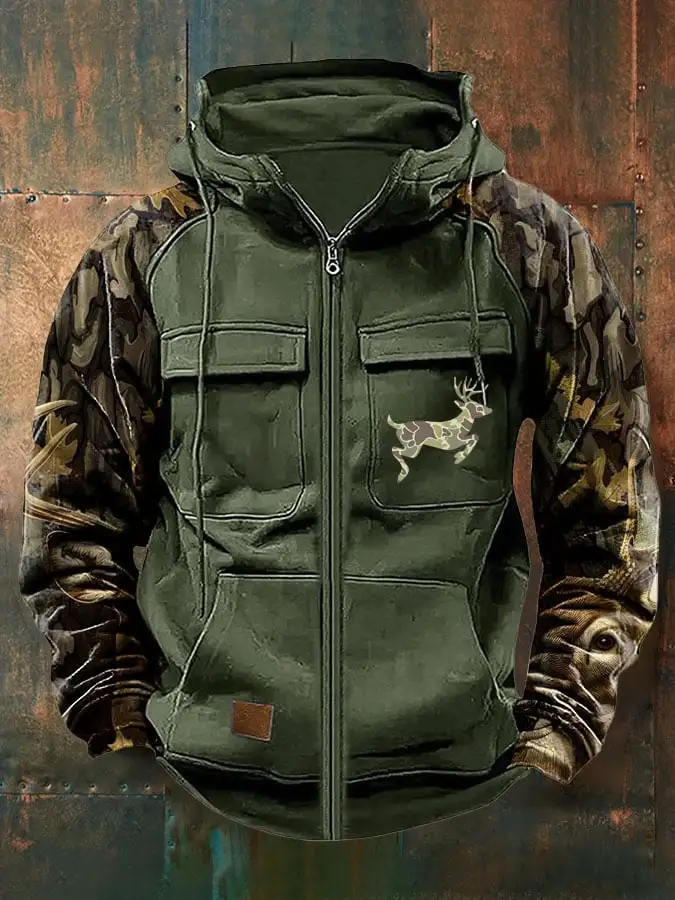 Men's Vintage Western Deer Print Multi-Pocket Jacket