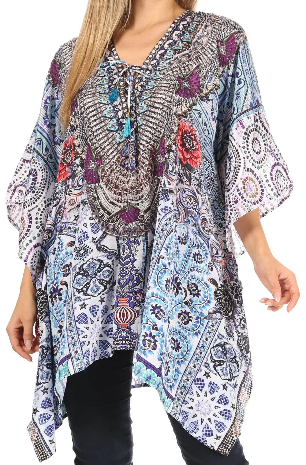 Women's Caftan Poncho Cover up V neck Top Lace up With Rhinestone