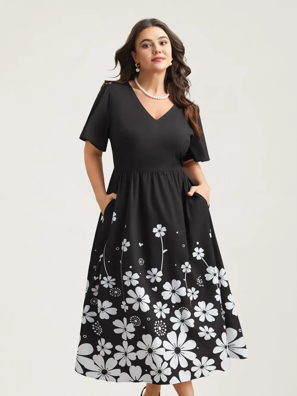 V-Neck Floral Print Flared Sleeve Dress