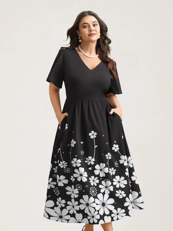 V-Neck Floral Print Flared Sleeve Dress