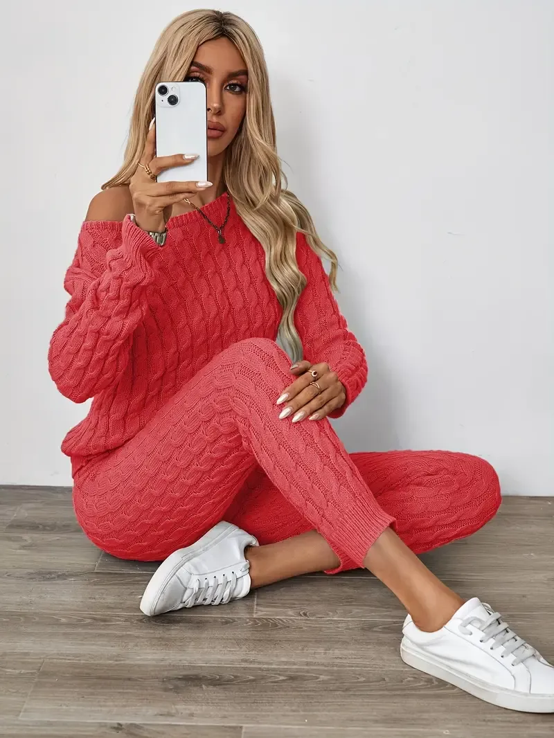 Solid Knitted Matching Two-piece Set, Casual Long Sleeve Sweater & Pants Outfits, Women's Clothing