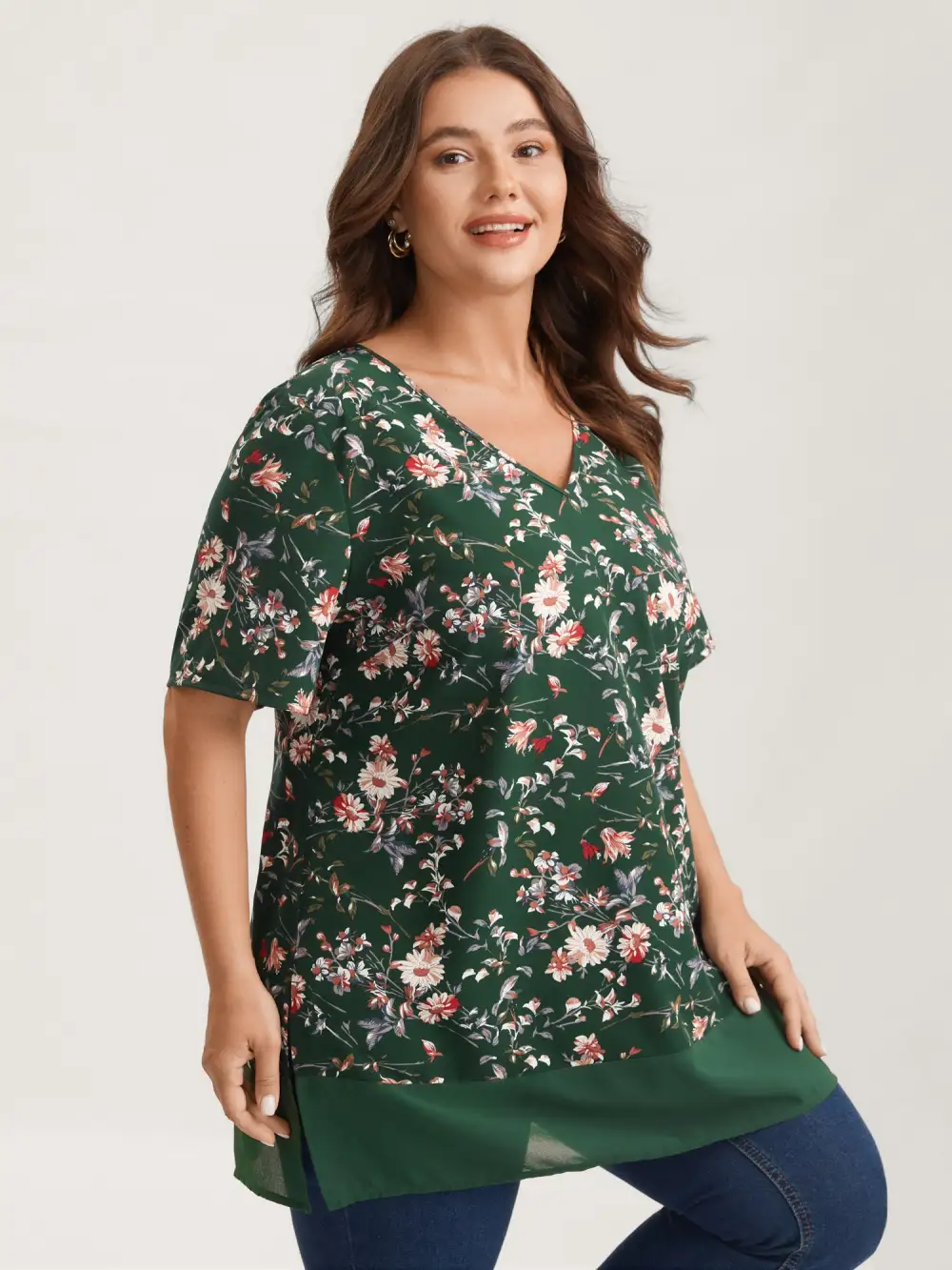 Garden Print Spliced V-Neck Blouse