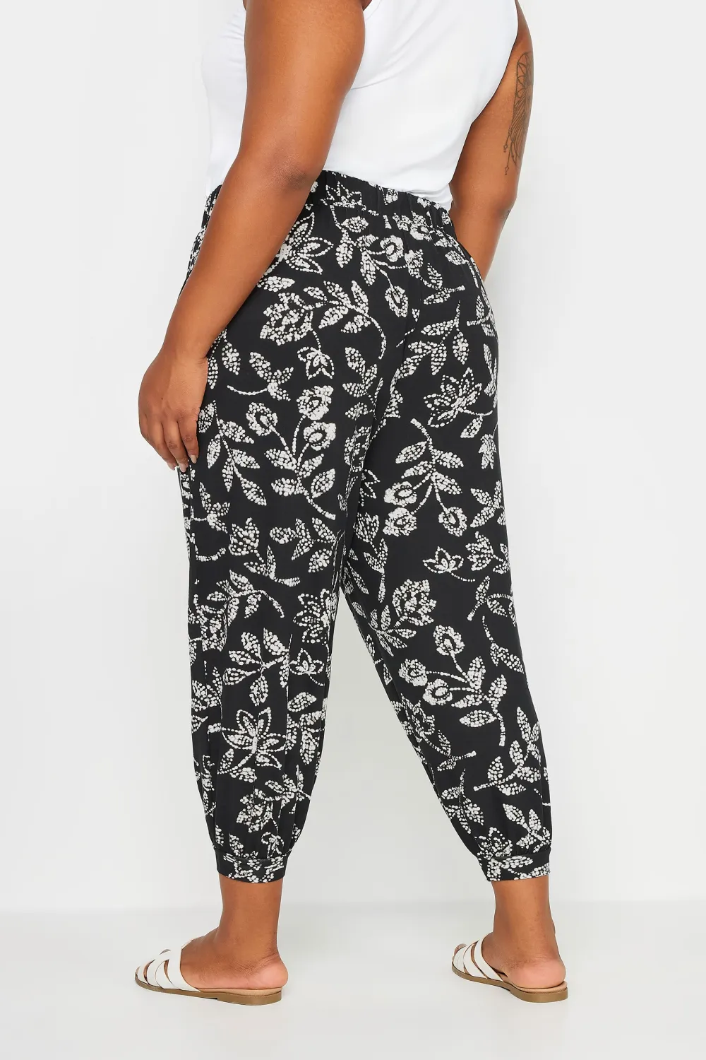 YOURS Curve Beige Brown Leaf Print Cropped Harem Trousers