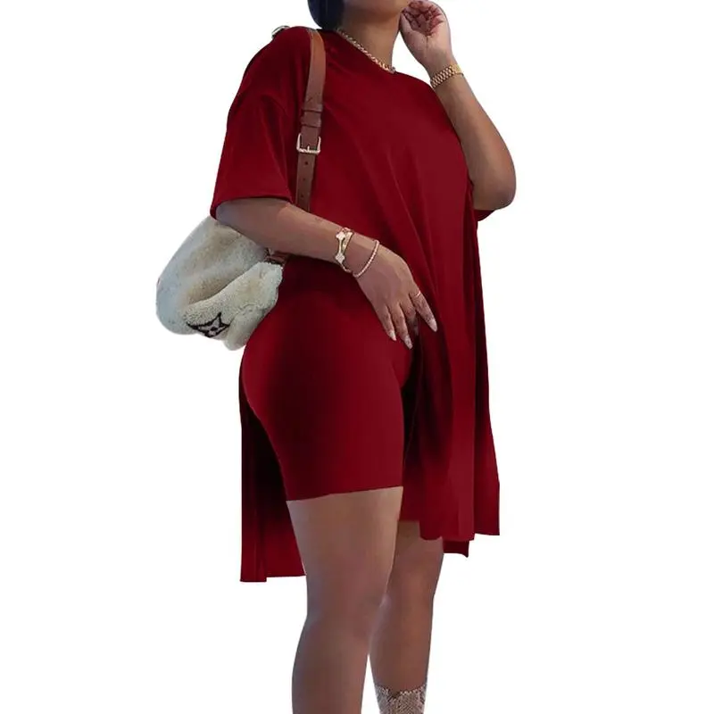Women Plus Size 2 - Piece Outfits: Crewneck Short Sleeve Tunic & Skinny Biker Shorts Sets
