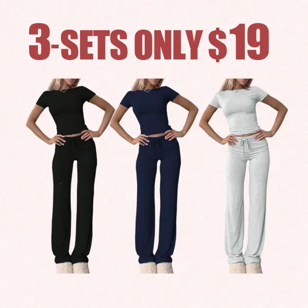 Women's Cozy Loungewear Set – Crew Neck Short Sleeve Top & Drawstring Pants, Suitable for All Seasons