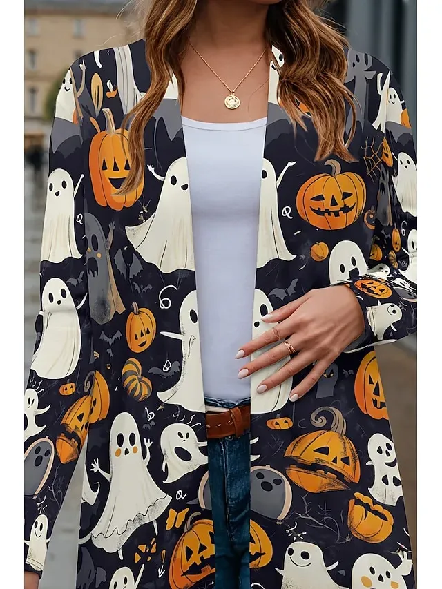 Halloween Women's Coat Lightweight Comfortable Pumpkin Print Vintage Artistic Casual Skull Casual Long Collarless Regular Fit Long Sleeve Outerwear Black White Pink Spring Fall