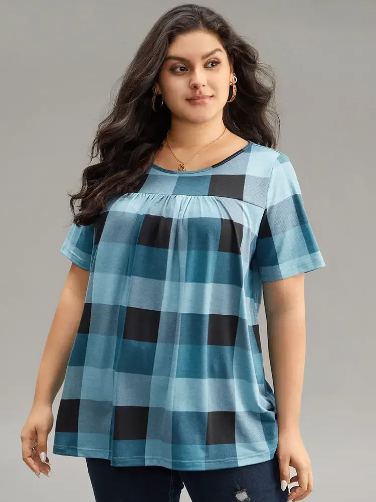 Plaid Round Neck Gathered T-Shirt