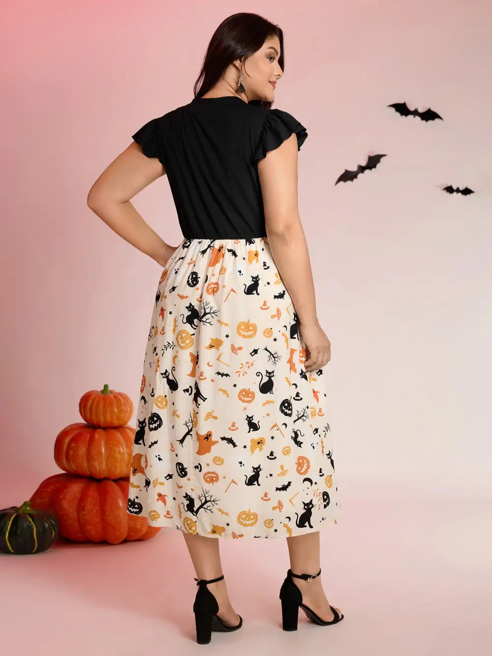 Halloween Print Spliced Neck-Tie Midi Dress