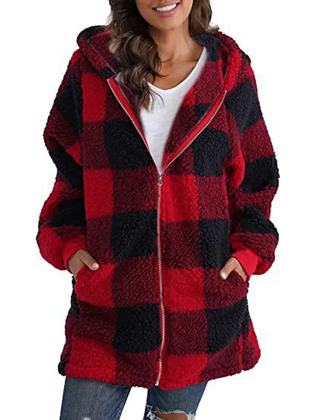 Women's Fleece Jacket Fleece Basic Pocket Zip Up Black Light Green Red Plaid Street Casual Hoodie Long Sleeve Top Micro-elastic Fall & Winter