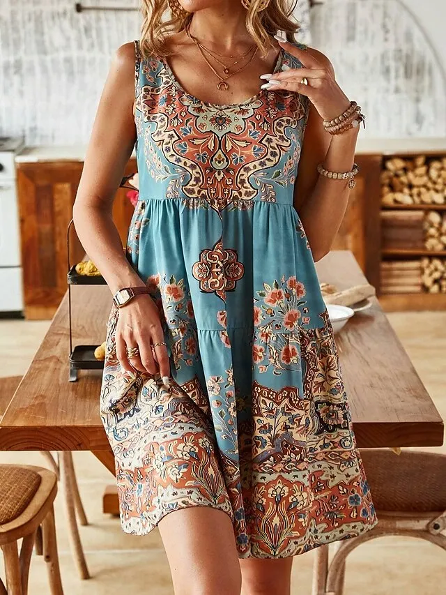 Women's Sundress Tank Dress Floral Ruched Print U Neck Midi Dress Tropical Vacation Beach Sleeveless Summer Spring