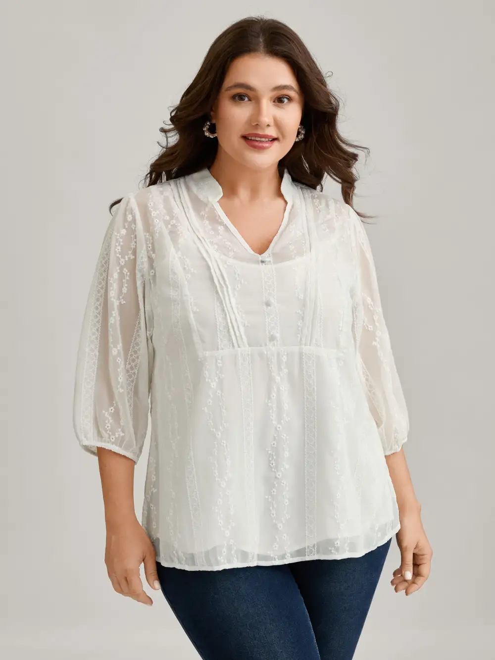 Texture Mesh Button Detail Tucked Seam Blouse