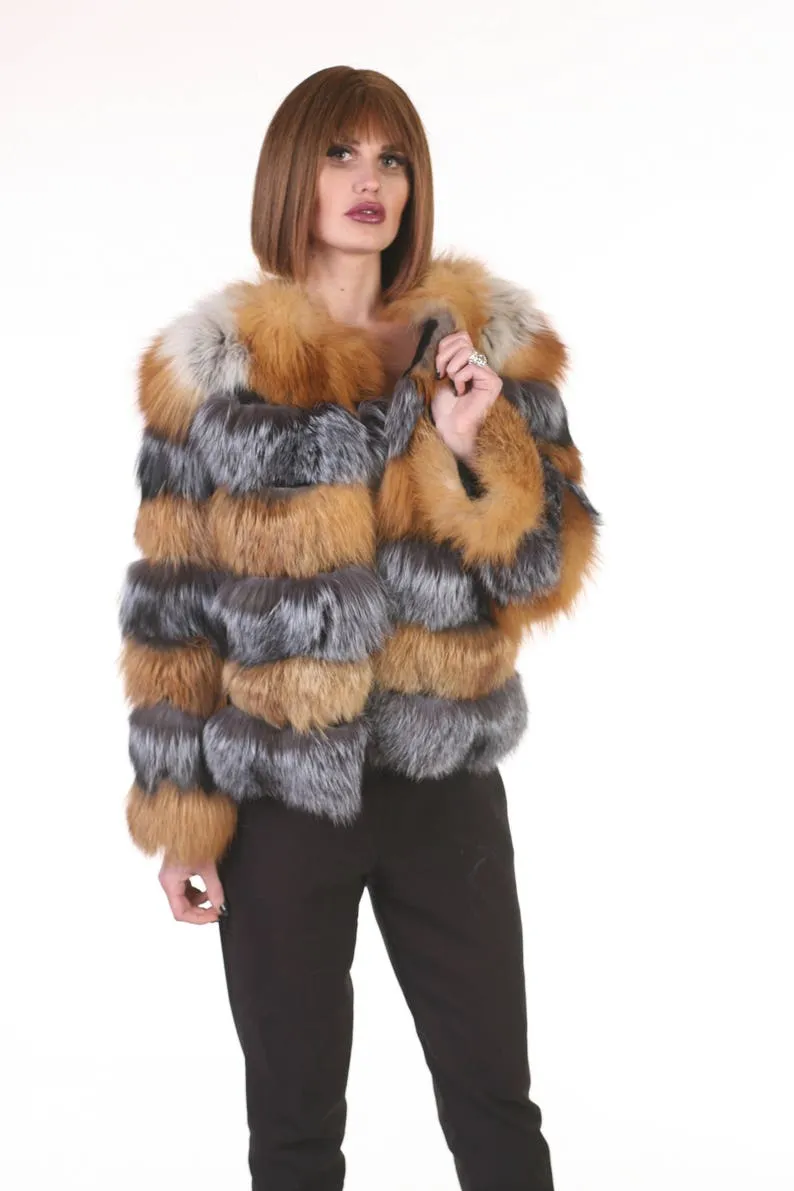 Red and Silver Fox Fur  Jacket