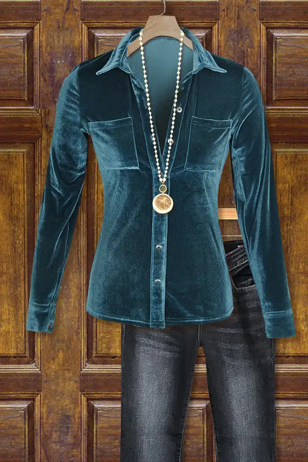 Velvet Long Sleeve Button Detailed Blouse