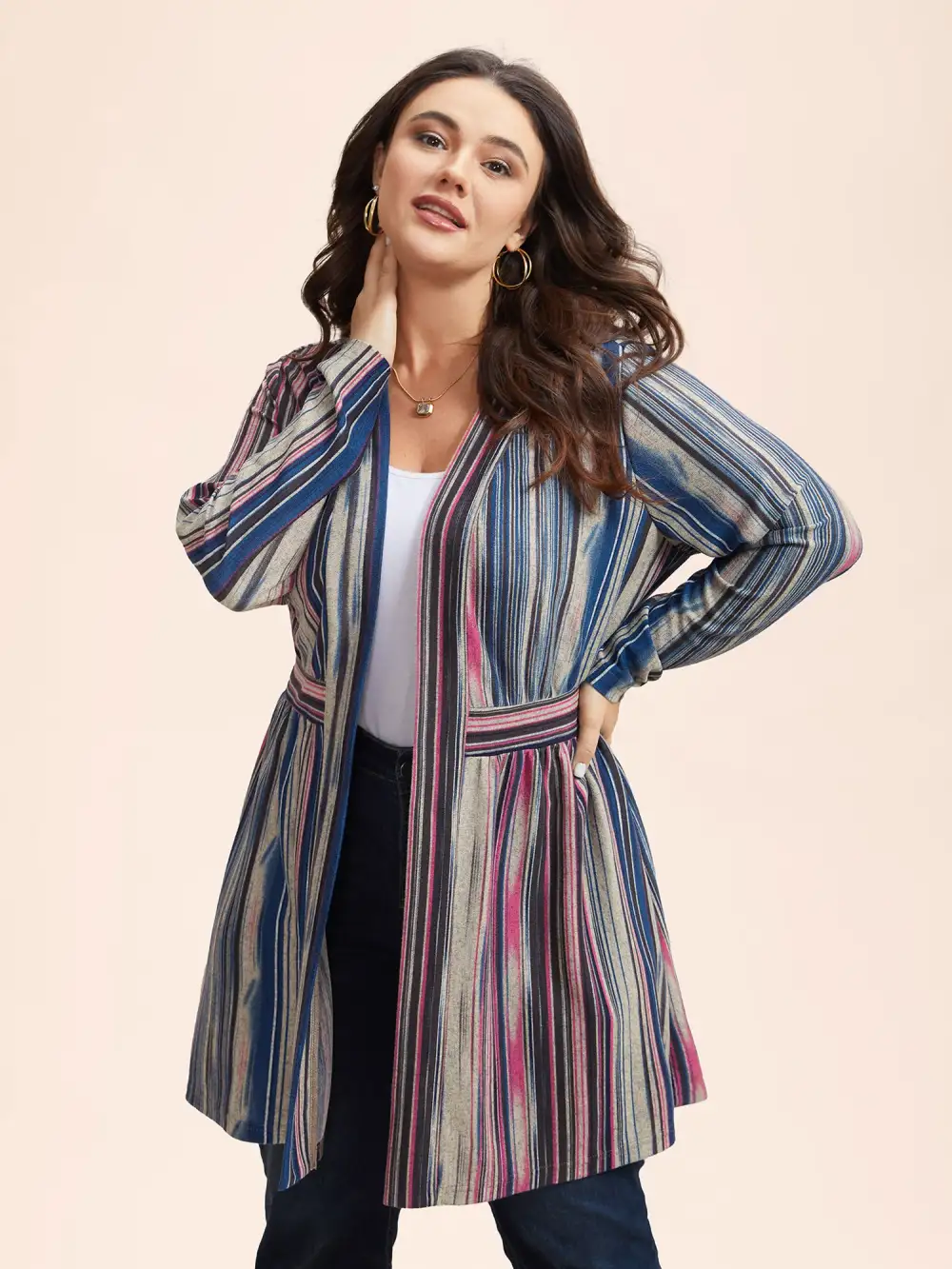 Colored Striped Open Front Waist Defining Jacket