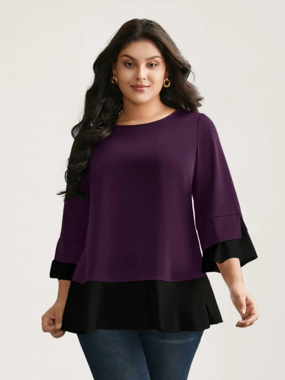 Contrast Patchwork Bell Sleeve Blouse