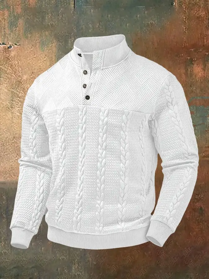 Men'S Vintage Jacquard Fabric Button-Down Stand Collar Long-Sleeved Sweatshirt