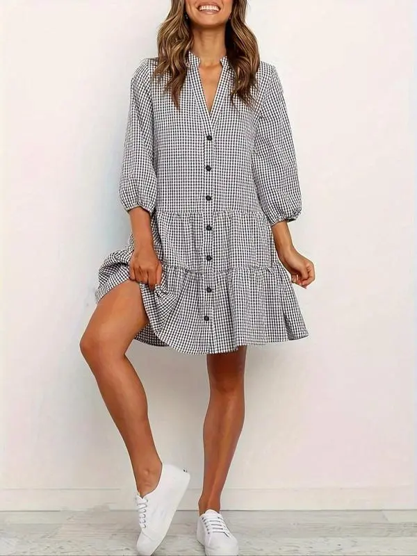 Women's Gingham Ruffle Shirt Dress – Button Front Notched Neck Mini Dress with Bishop Sleeves, Casual Chic Outfit for Spring, Summer & Fall