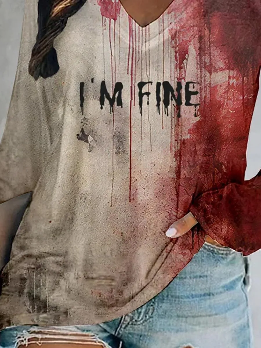 Women's T Shirt Bloodstain V Neck Long Sleeve Graphic Casual Color Block Letter Abstract Regular Tops Daily Print Red Spring Fall & Winter