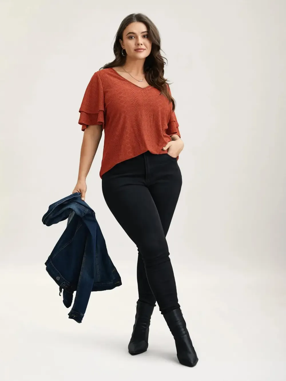 Jacquard Textured Lotus Leaf Sleeve Top