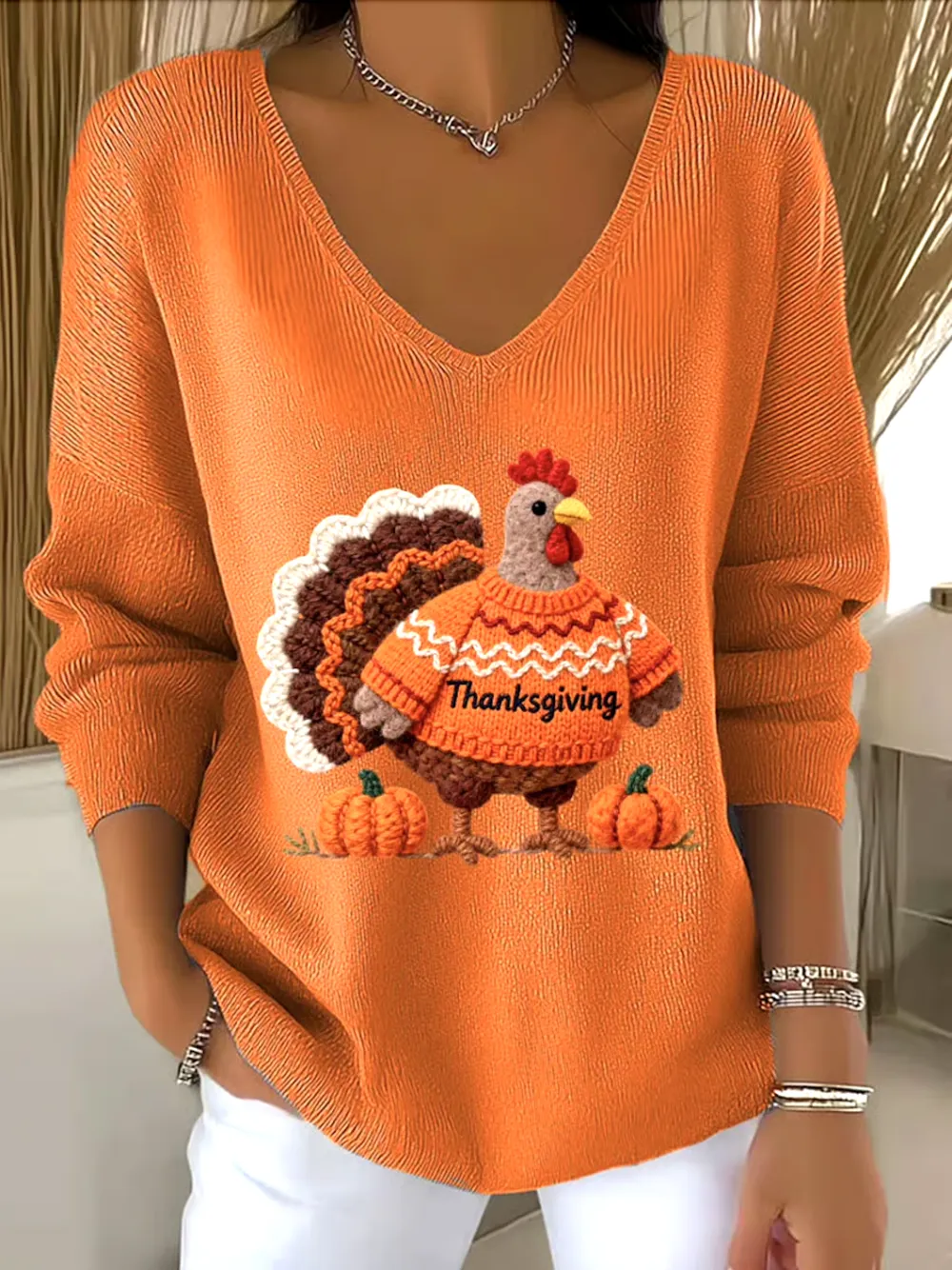 Casual V Neck Cotton Animal Sweater