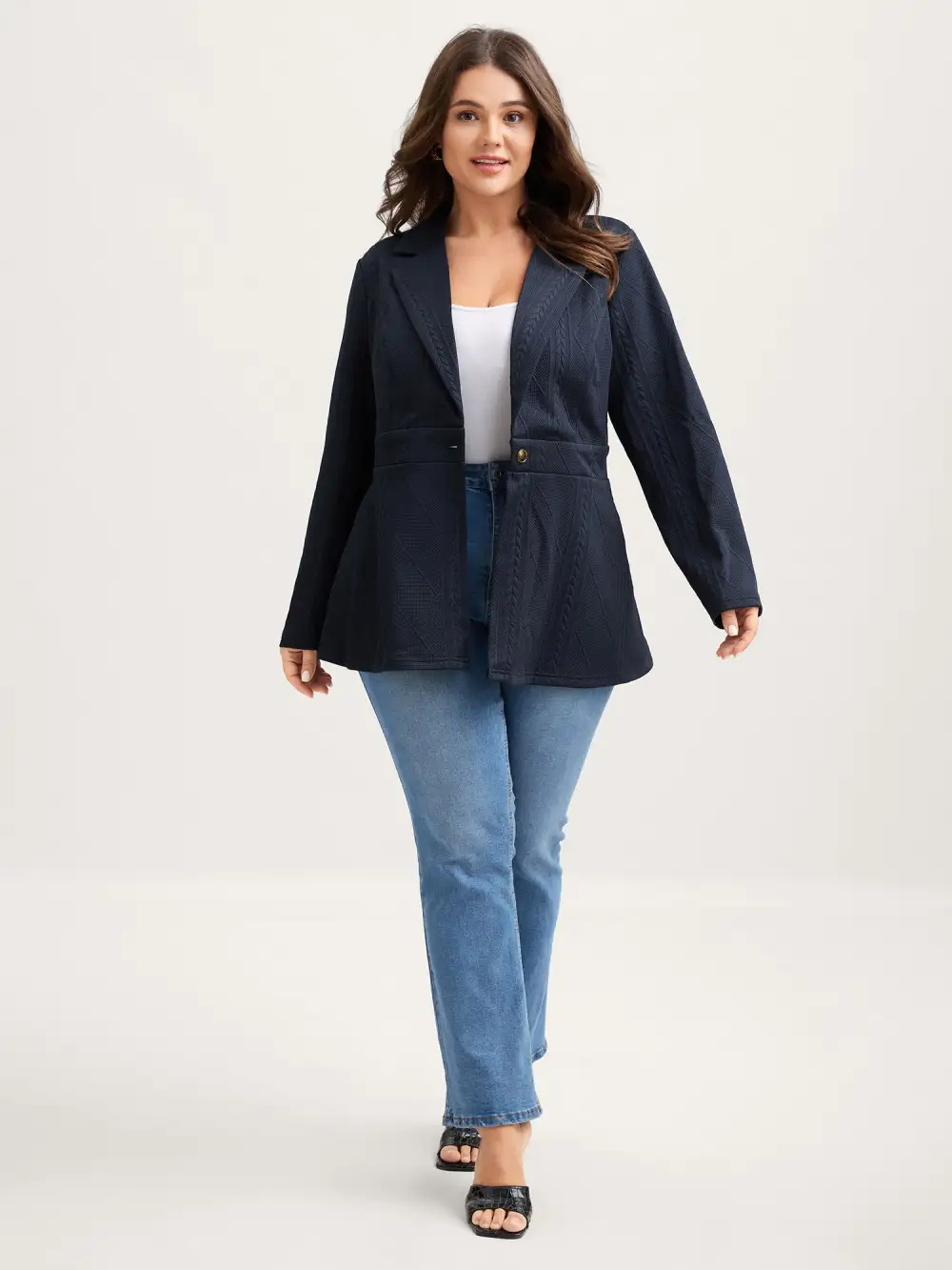 Textured Waist-Defining Solid Blazer