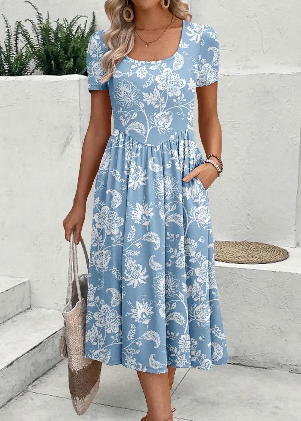 Dusty Blue Zipper Floral Print Short Sleeve Dress