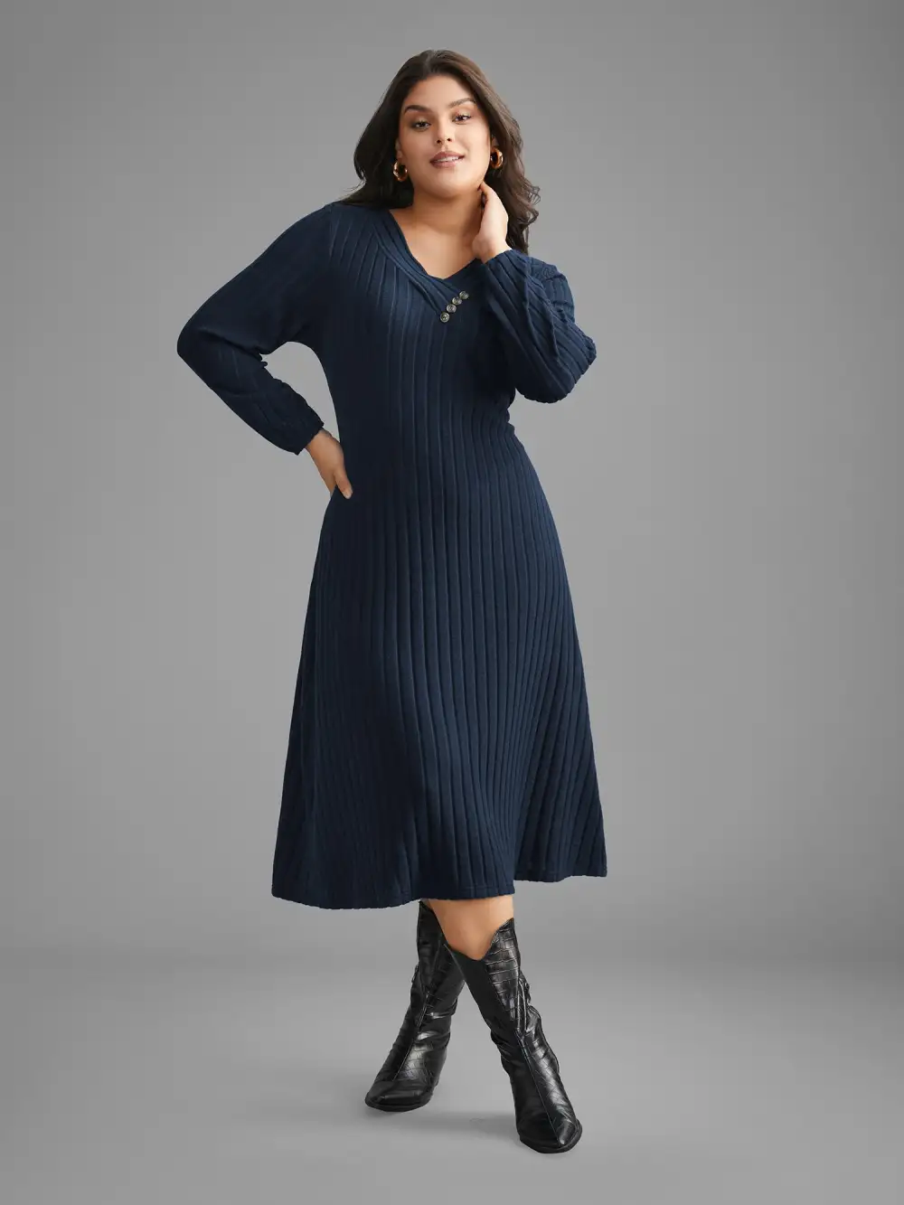 Plain Rib Knit Button Detail Dress