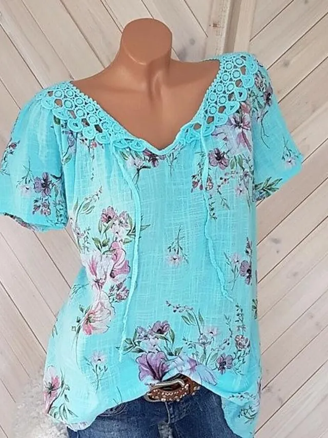 Women's Shirt Blouse Floral White Pink Blue Lace up Print Short Sleeve Casual Holiday Basic V Neck Regular Fit