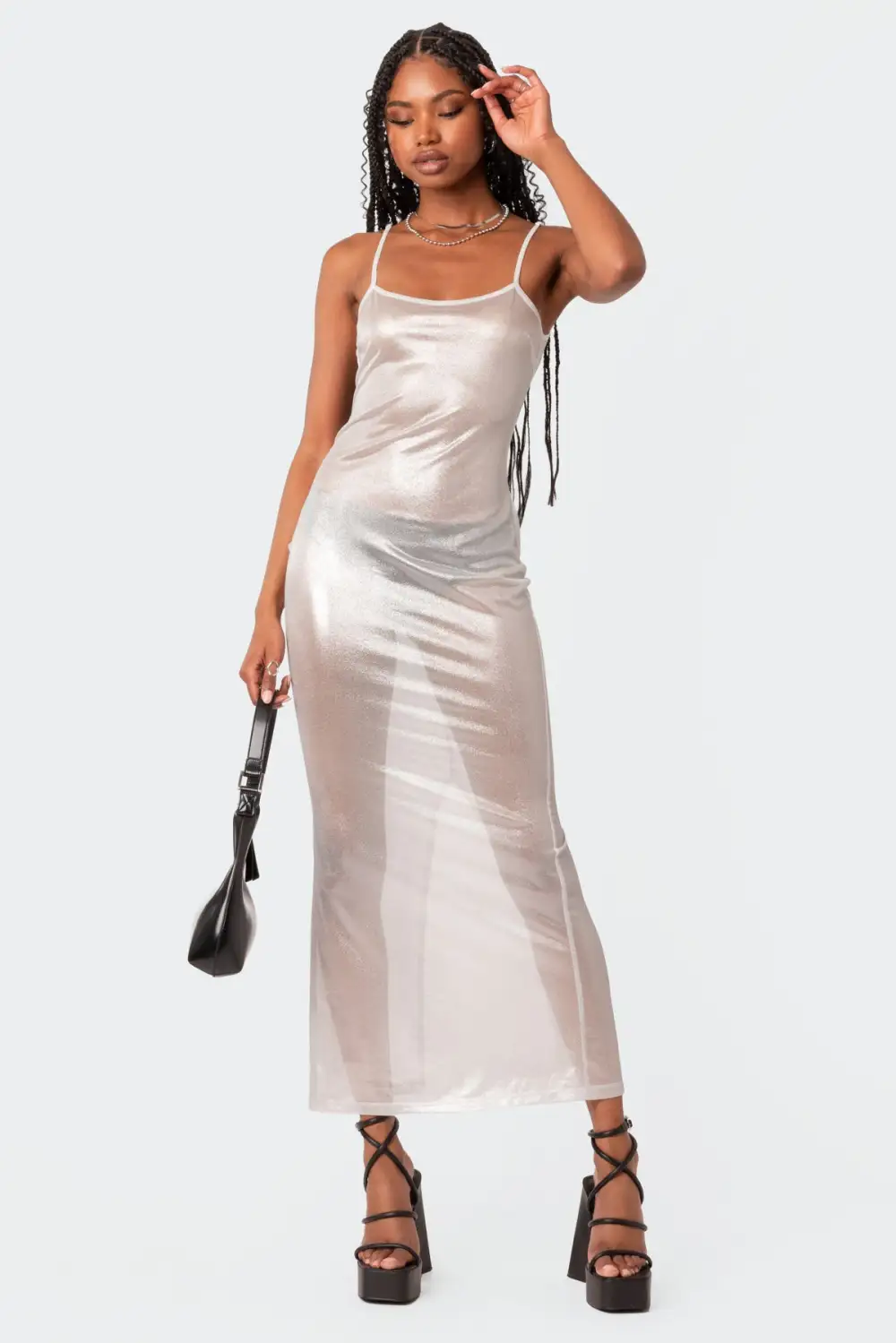 Nyla Sheer Glittery Back Slit Maxi Dress