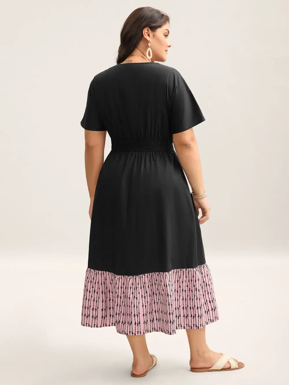 Cotton Color Block Cinched-Waist Spliced Maxi Dress