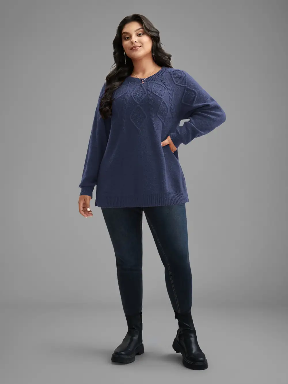 Cable Knit Bodice Crew-Neck Pullover