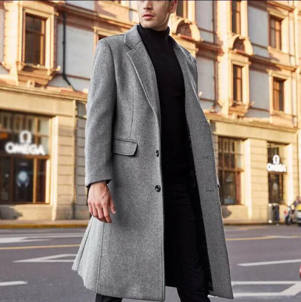 Men's Solid Color Woolen Long Coat
