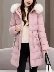 Elegant Women's Winter Coat with Detachable Hood - Long, Warm Puffer Jacket with Faux Fur Trim & Drawstring Waist
